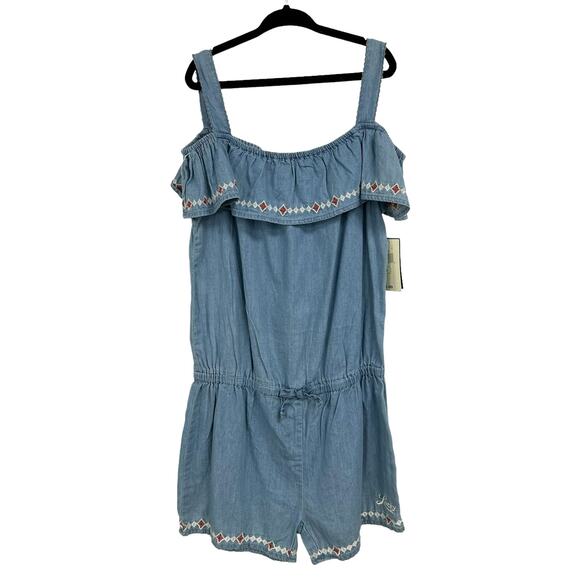 NWT Lucky Brand Girls Blue Medium Wash Embroidered Trim Strapless Romper 10 - Picture 1 of 6